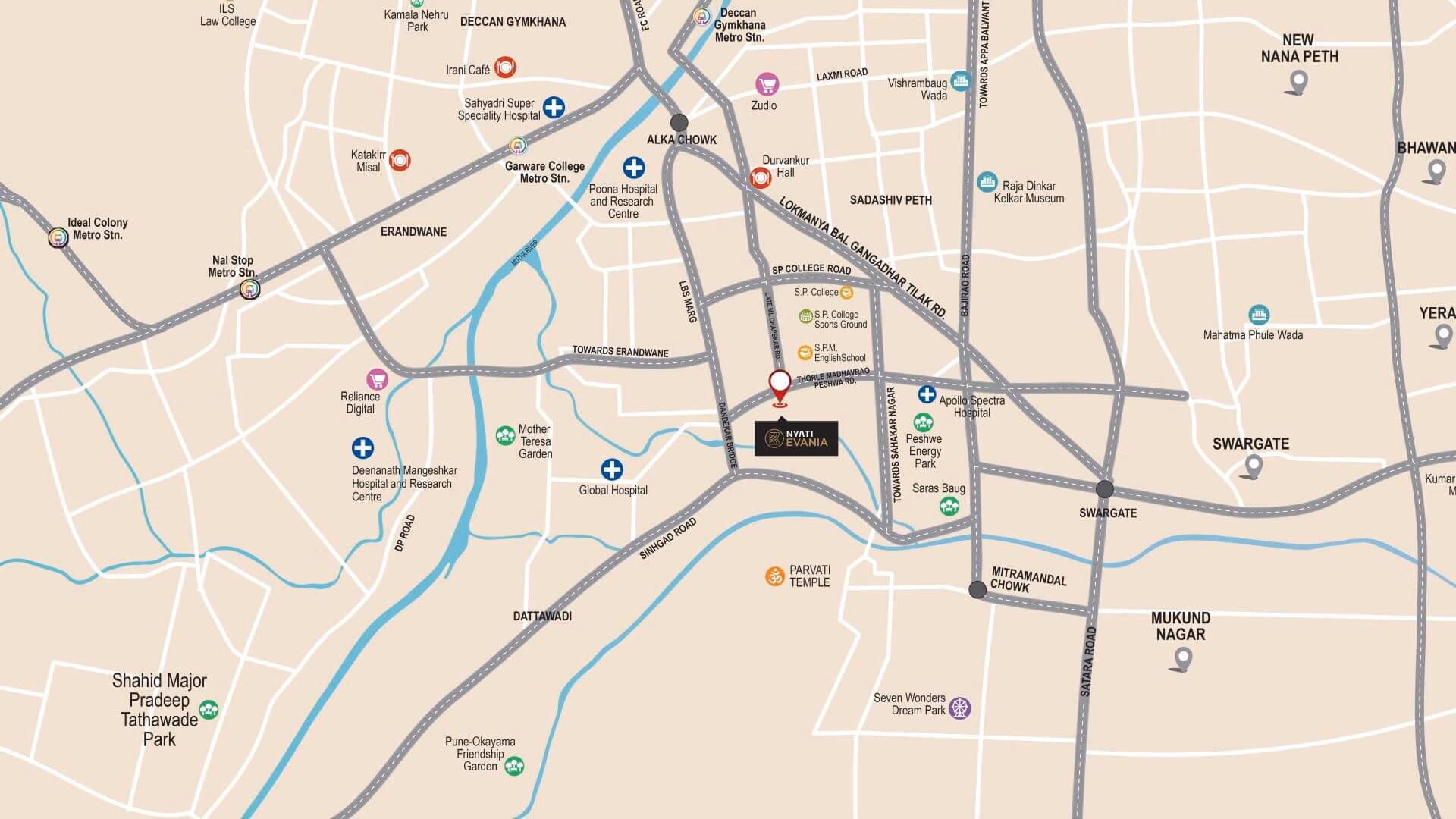 Nyati Evania location map visual near Saras Baug Sadashiv Peth Pune